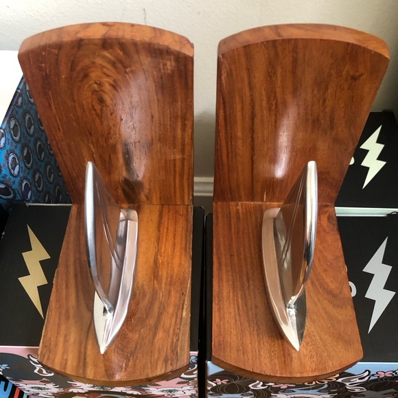 Vintage Set of MCM Wood & Silver Sailboat Bookends - Picture 11 of 12
